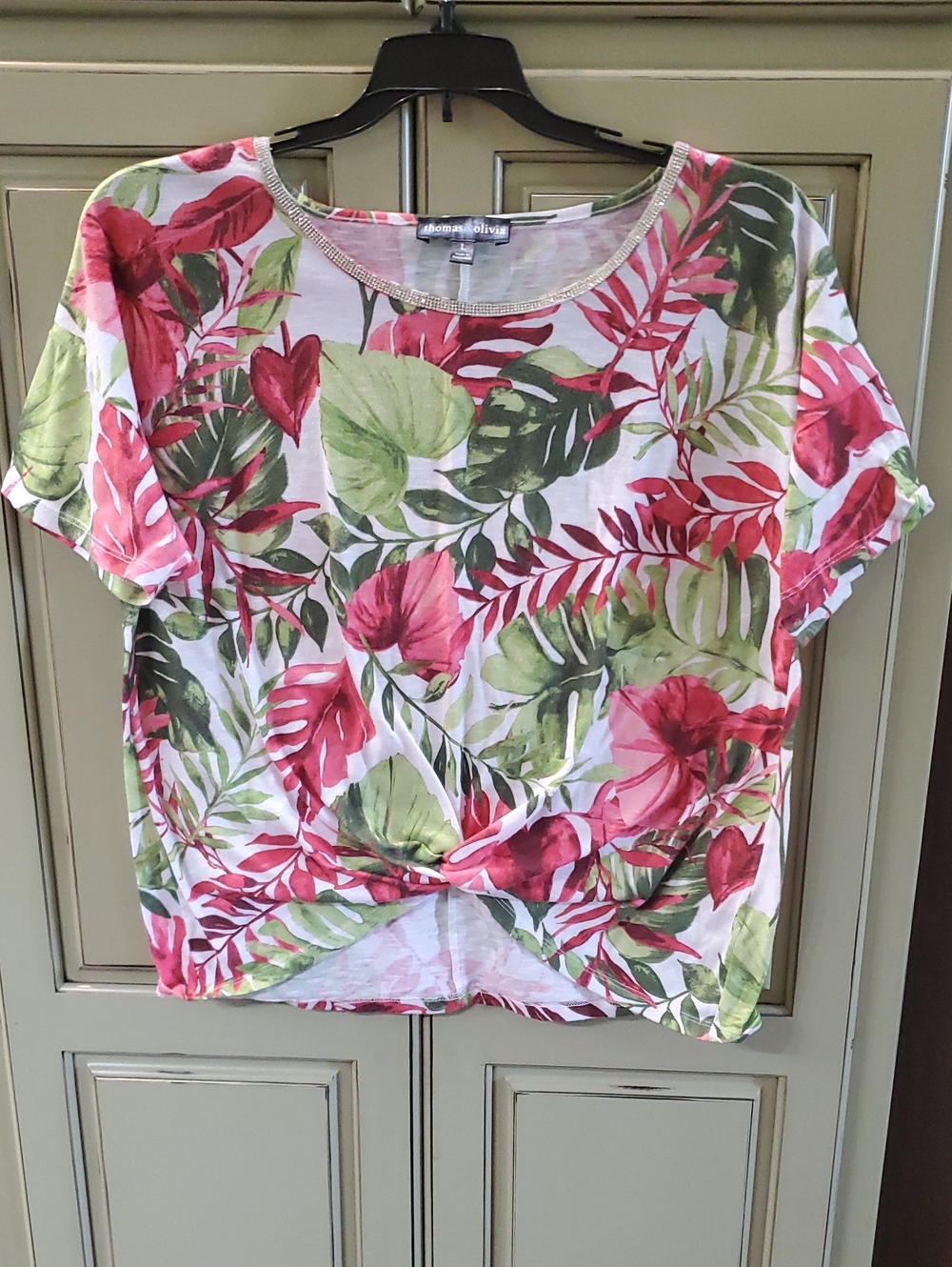 Floral Twist-Front Short Sleeve Top by Thomas & Olivia in Pink & Green